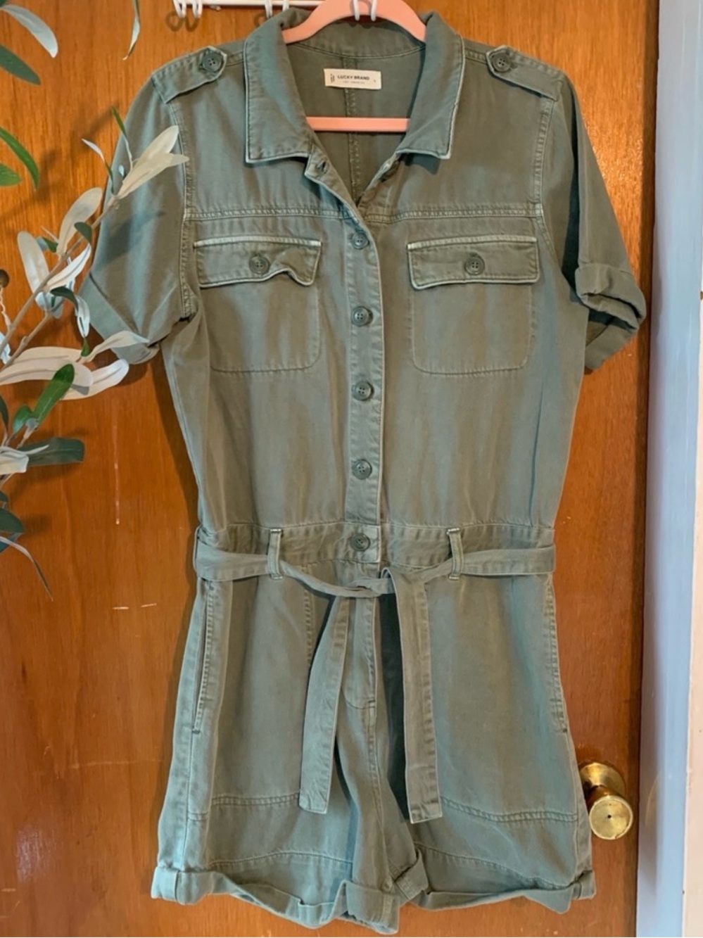 Lucky Brand Army Green Utility Romper with Waist Tie